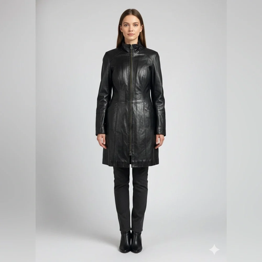 Danier Black Leather Long Jacket - Picture 1 of 16